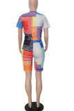 Multicolor Casual Print Patchwork O Neck Short Sleeve Two Pieces