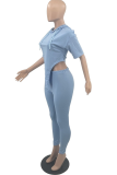 Sky Blue Casual Solid Patchwork Hooded Collar Half Sleeve Two Pieces