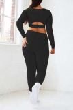 Black Sportswear Solid Hollowed Out O Neck Long Sleeve Two Pieces