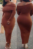 Brown Sexy Casual Solid Patchwork Backless Off the Shoulder Long Sleeve Dresses