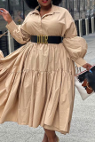 Khaki Casual Solid Split Joint Turndown Collar Cake Skirt Plus Size Dresses (Without Belt)