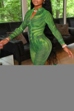 Green Sexy Print See-through O Neck Regular Jumpsuits