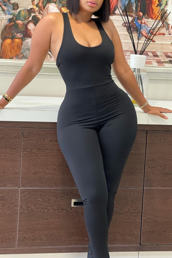 Black Sexy Sportswear Solid Patchwork Backless Square Collar Skinny Jumpsuits