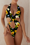 Yellow Black Sexy Print Hollowed Out Patchwork Swimwears