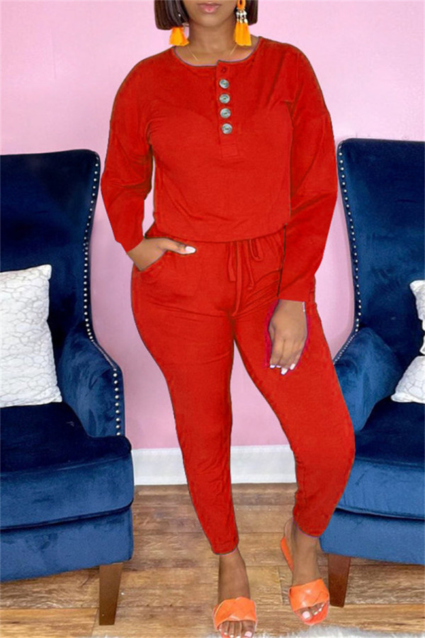 Red Fashion Casual Solid Patchwork U Neck Regular Jumpsuits