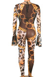 Red Fashion Sexy Print Hollowed Out See-through V Neck Long Sleeve Two Pieces