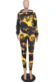 Lemon Yellow Casual Patchwork Tie-dye Hooded Collar Long Sleeve Two Pieces