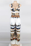 White Sexy Casual Print Backless U Neck Regular Jumpsuits