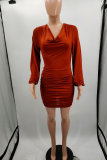 Brown Sexy Solid Patchwork V Neck Pencil Skirt Dresses
