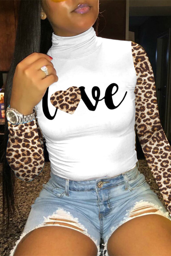 Leopard Print Fashion Casual Print Patchwork Turtleneck Tops