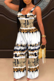 White Sexy Casual Print Backless U Neck Regular Jumpsuits