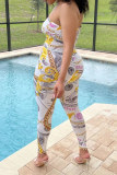 White Fashion Sexy Print Bandage Hollowed Out Backless Strapless Skinny Jumpsuits