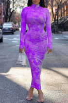 Purple Sexy Print Split Joint Turtleneck Pencil Skirt Dresses