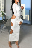 White Fashion Sexy Solid Hollowed Out O Neck Long Sleeve Dresses