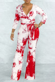 Black Casual Print Solid Tie Dye Bandage Patchwork V Neck Straight Jumpsuits