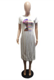 White Fashion Casual Print Tassel O Neck T-Shirts