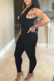 Black Fashion Sexy Solid Hollowed Out U Neck Skinny Jumpsuits