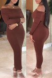 Brown Sexy Casual Solid Patchwork Backless Off the Shoulder Long Sleeve Dresses