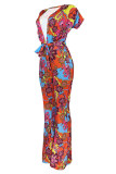 Multicolor Fashion Casual Print Basic V Neck Regular Jumpsuits