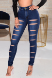 Black Casual Solid Ripped Mid Waist Skinny Denim Jeans