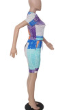 Multicolor Casual Print Patchwork O Neck Short Sleeve Two Pieces