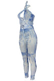 Blue Fashion Sexy Print Bandage Backless Halter Skinny Jumpsuits