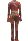 Red Sexy Print Patchwork Turndown Collar Long Sleeve Two Pieces