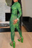 Green Sexy Print See-through O Neck Regular Jumpsuits