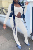 White Fashion Casual Solid Slit O Neck Long Sleeve Two Pieces