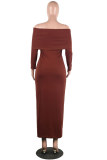 Brown Sexy Casual Solid Patchwork Backless Off the Shoulder Long Sleeve Dresses
