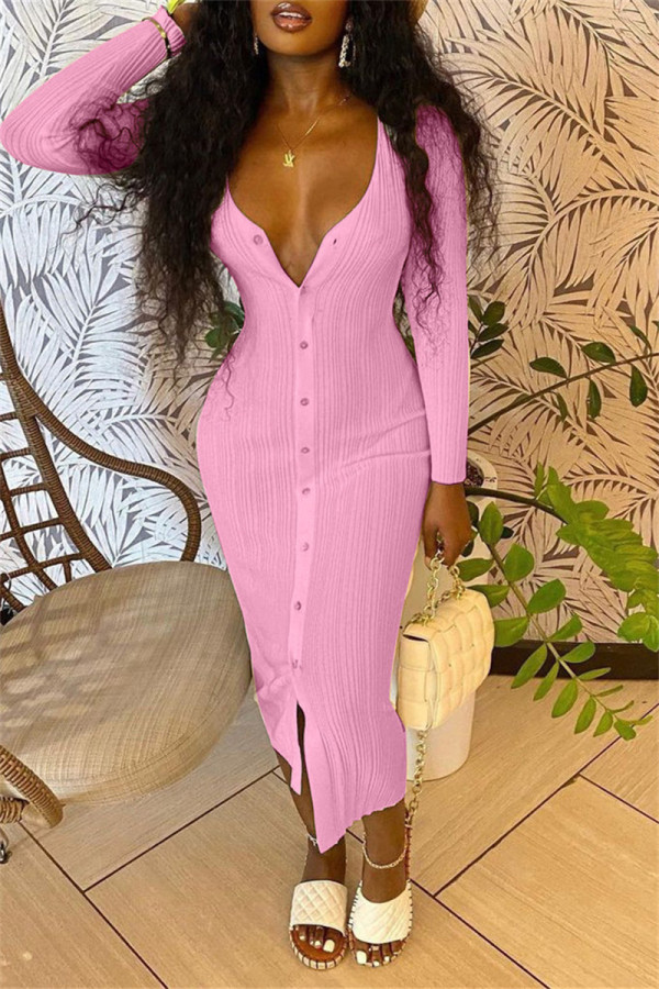 Pink Sexy Casual Solid Basic V Neck Long Sleeve Dresses