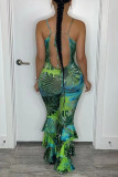 Green Fashion Sexy Print Backless Spaghetti Strap Regular Jumpsuits