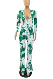 Green Casual Print Solid Tie Dye Bandage Patchwork V Neck Straight Jumpsuits