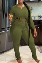 Army Green Casual Solid Split Joint Draw String Asymmetrical O Neck Long Sleeve Two Pieces
