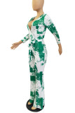 Green Casual Print Solid Tie Dye Bandage Patchwork V Neck Straight Jumpsuits