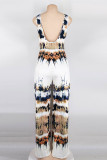 White Sexy Casual Print Backless U Neck Regular Jumpsuits