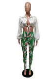 White Sexy Casual Print Bandage Turndown Collar Long Sleeve Two Pieces