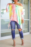 Multicolor Fashion Casual Print Tie Dye Asymmetrical Oblique Collar Tops