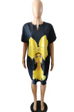 Black Fashion adult Ma'am Lightly cooked Cap Sleeve Short Sleeves V Neck Swagger Knee-Length Print Dresses