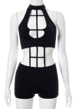 Black Sexy Solid Hollowed Out Halter Skinny Rompers