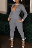 Blue Fashion Casual Solid Basic Turndown Collar Skinny Jumpsuits