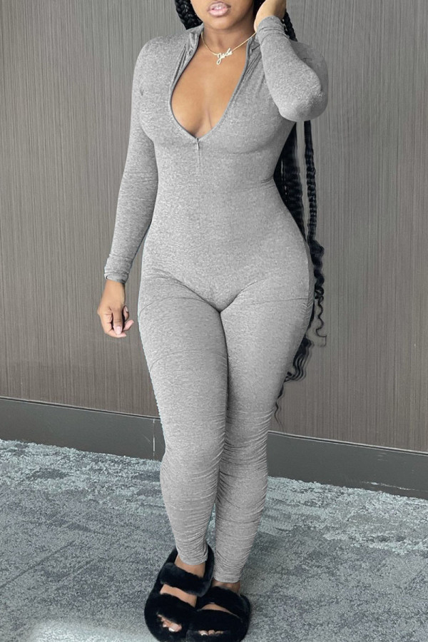 Grey Casual Solid Patchwork Zipper Collar Skinny Jumpsuits