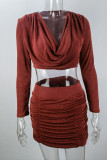 Burgundy Celebrities Solid Split Joint Fold V Neck Long Sleeve Two Pieces
