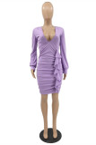 Light Purple Fashion Sexy Solid Patchwork V Neck Long Sleeve Dresses