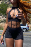 Black Sexy Solid Hollowed Out Halter Skinny Rompers