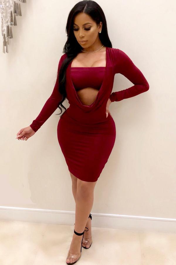 Wine Red adult Fashion Sexy Two Piece Suits Solid A-line skirt Long Sleeve Two-Piece Dress