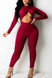 Burgundy Sexy Solid Hollowed Out Patchwork O Neck Skinny Jumpsuits