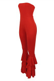 Red Fashion Sexy Solid Patchwork Backless Strapless Regular Jumpsuits