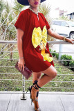 Red Fashion adult Ma'am Lightly cooked Cap Sleeve Short Sleeves V Neck Swagger Knee-Length Print Dresses
