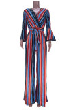 Multicolor Fashion Casual Patchwork Print With Belt V Neck Regular Jumpsuits